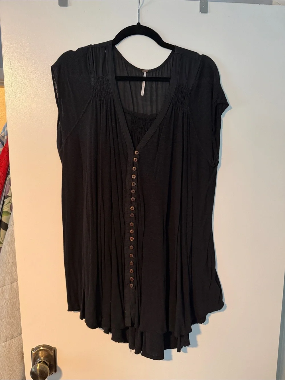Free People Black Button-Front Flowy V-Neck Top